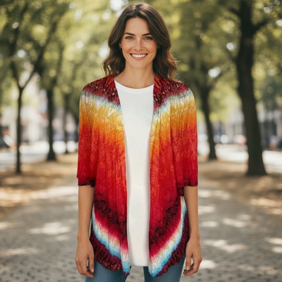 Chico’s medium Vibrant Red Gradient Women's Sweater open cardigan kimono - Picture 1 of 5
